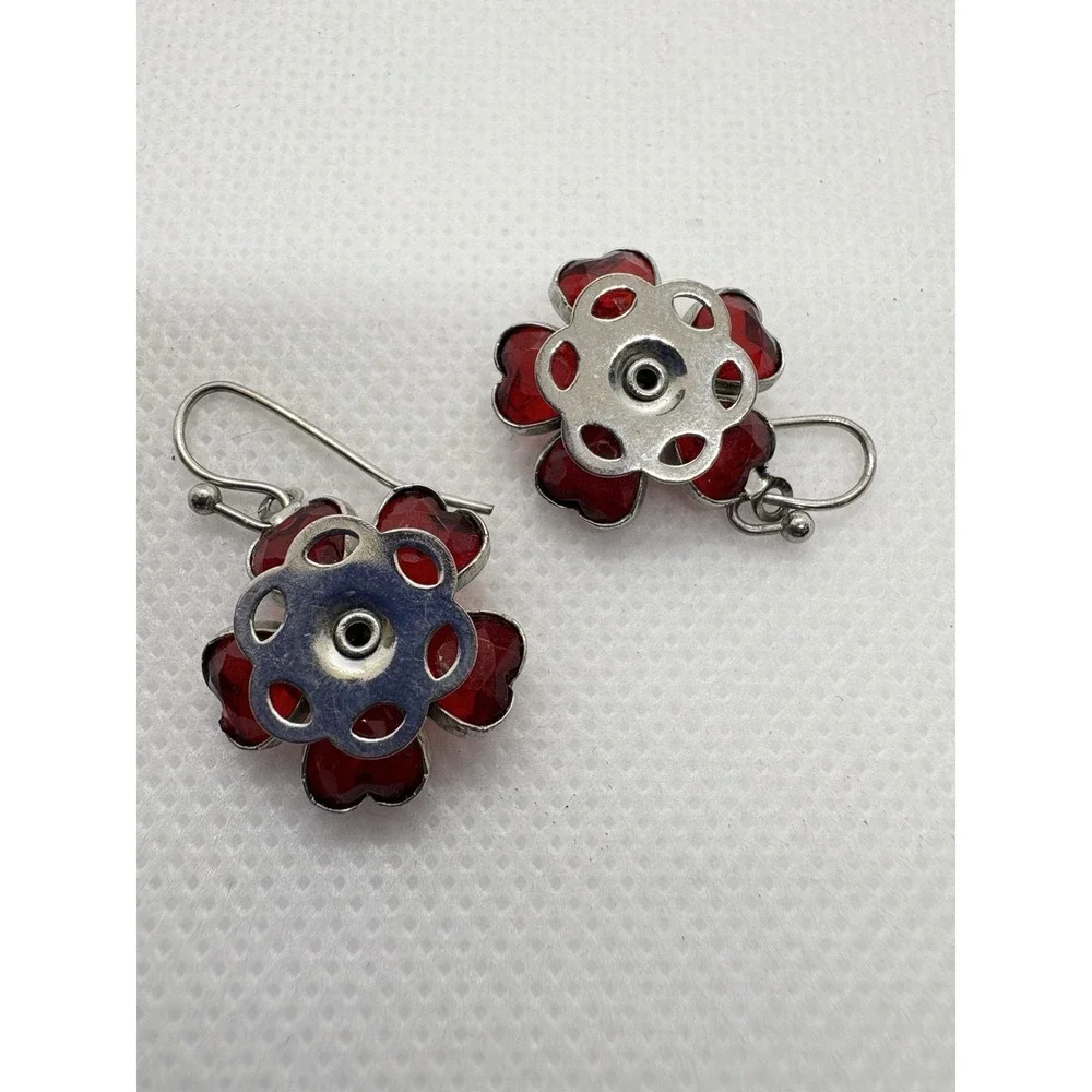 Vintage Red Heart Glass Flower Dangle Earrings Silver Tone Rhinestone‎ Center - Picture 5 of 7